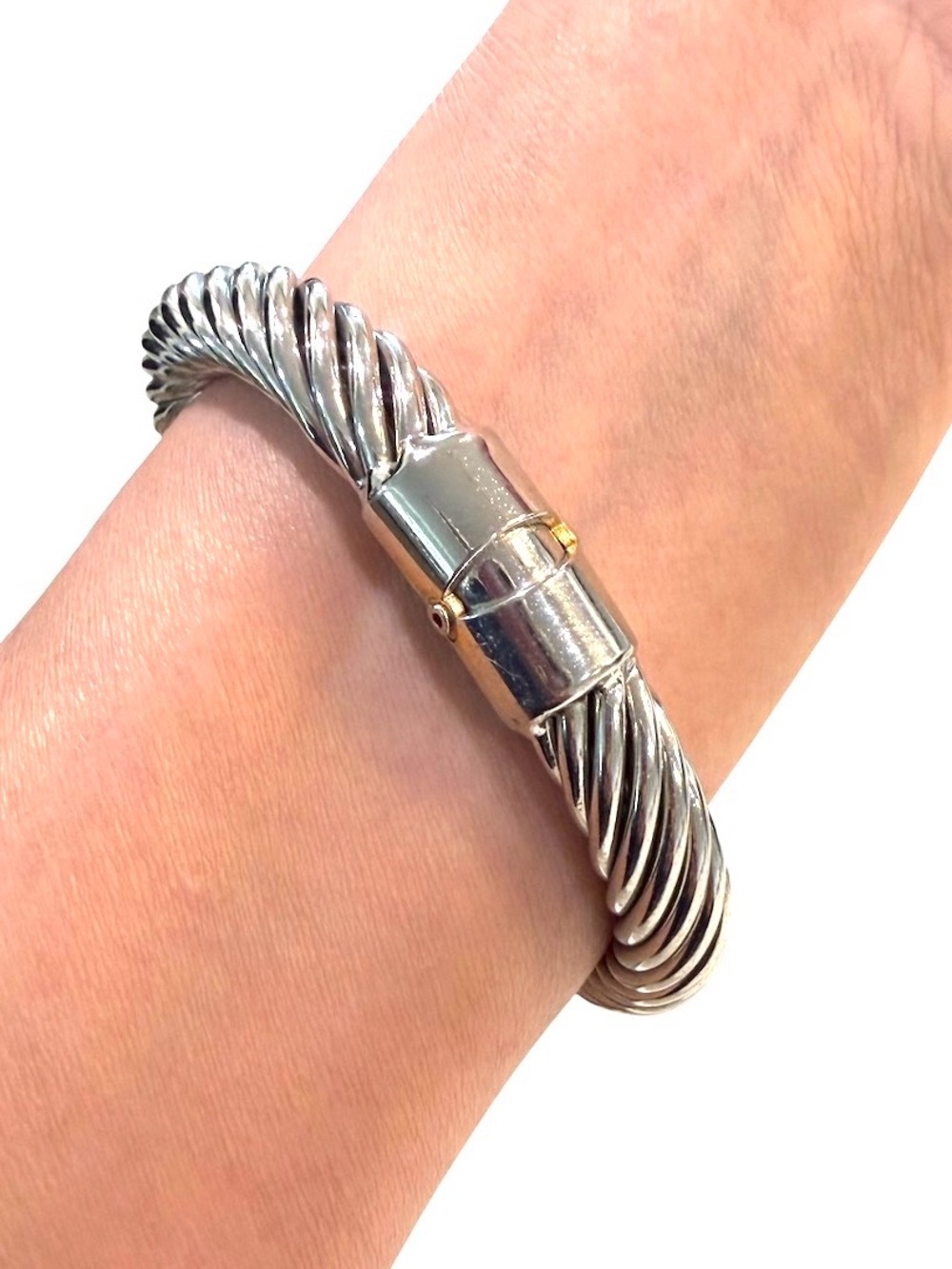 Chunky Silver-Tone Twisted Cable Hinged Cuff Bracelet with Faux-Turquoise Stones - Picture 2 of 7